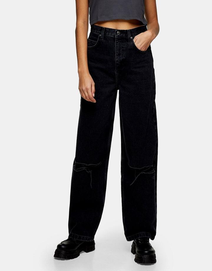Topshop Double Knee Rip Baggy Jeans In Washed Black