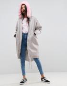 Asos Oversized Parka With Pink Faux Fur Hood - Gray