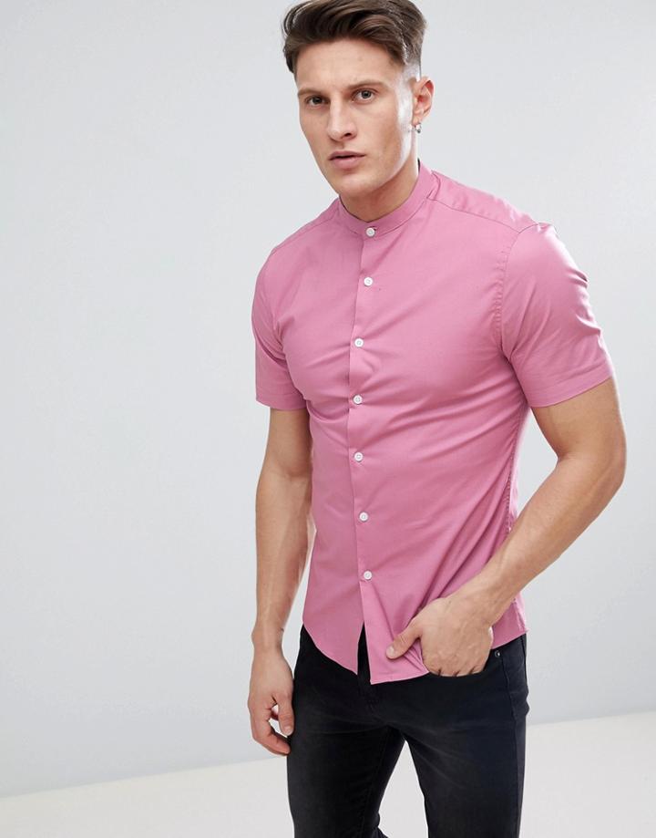 Asos Design Skinny Shirt With Grandad Collar And Short Sleeves In Pink - Pink