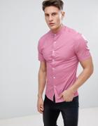 Asos Design Skinny Shirt With Grandad Collar And Short Sleeves In Pink - Pink