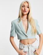 Urban Revivo Short Sleeve Cropped Blazer In Green