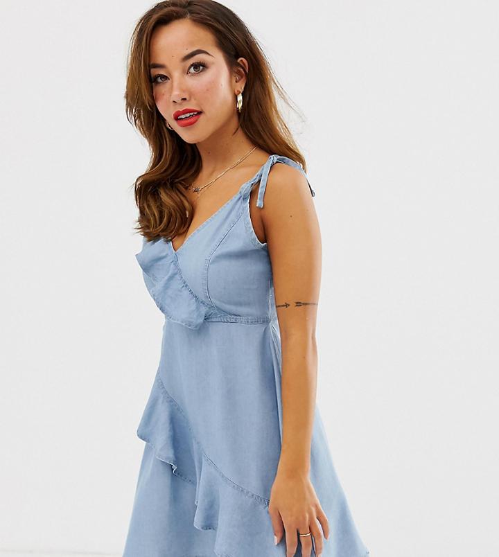 Brave Soul Petite Frill Front Skater Dress - Blue