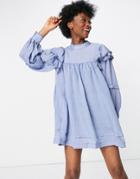 In The Style X Lorna Luxe Ruffle Shoulder Puff Sleeve Smock Dress In Textured Blue Stripe-multi