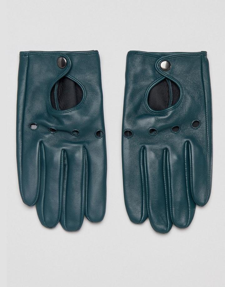 Asos Leather Driving Gloves In Green - Green