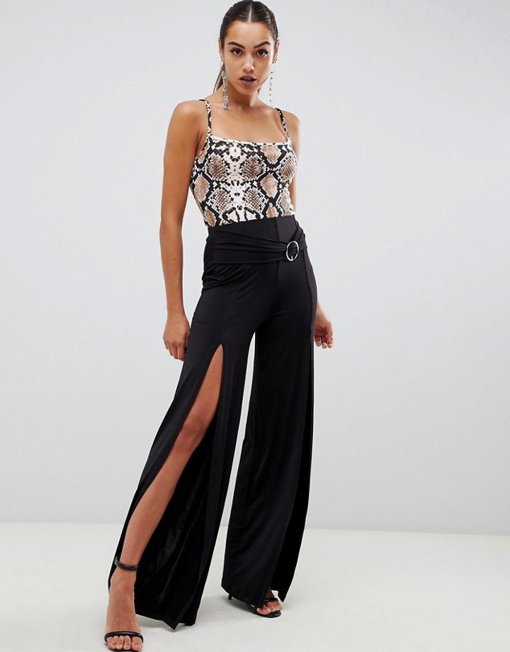 Asos Design Slinky Wide Leg Pants With Split Front And D-ring-black