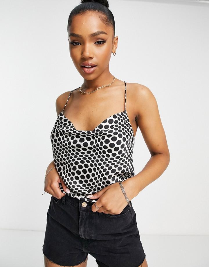 Monki Cowl Neck Spot Print Satin Cami In Black And White-multi