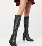 Public Desire Wide Fit Caryn Stretch Knee Boot With Toe Plating In Black