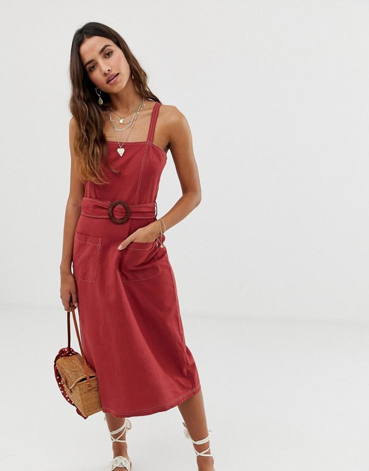 Asos Design Square Neck Linen Midi Sundress With Wooden Buckle & Contrast Stitch - Orange