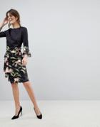Ted Baker Blayyke Ruffle Pencil Skirt In Peach Blossom Print - Black