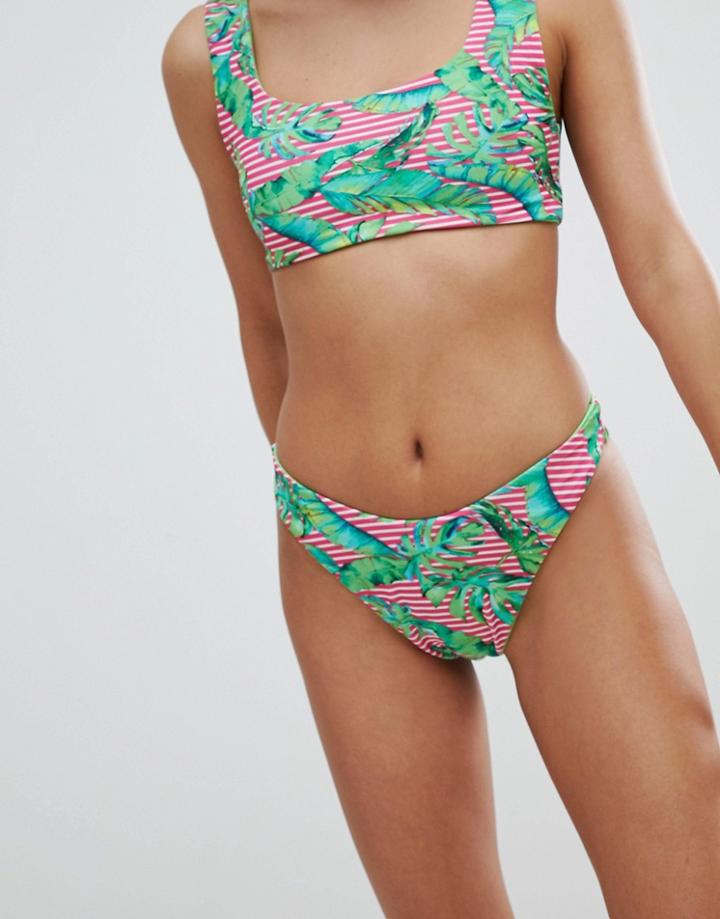 Asos Reversible Stripe Palm Print Minimal High Leg Bikini Bottom - Multi