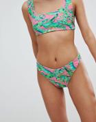 Asos Reversible Stripe Palm Print Minimal High Leg Bikini Bottom - Multi