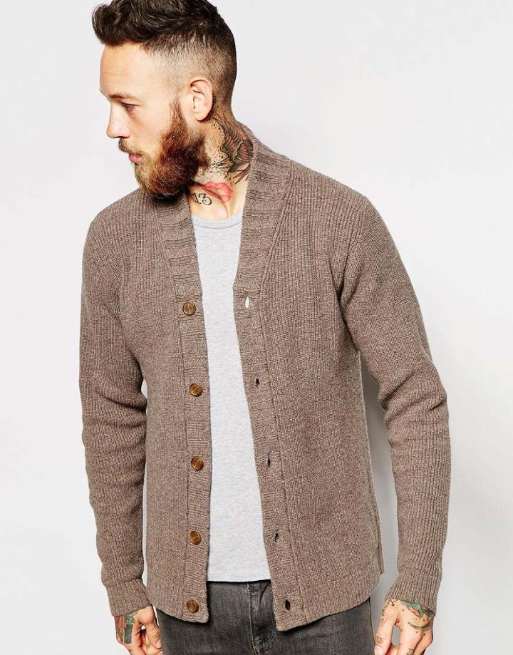 Asos Lambswool Rich High Neck Cardigan - Beige