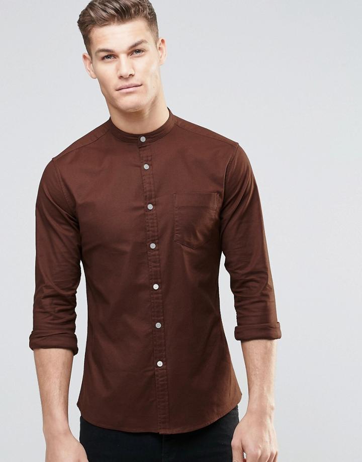 Asos Skinny Oxford Shirt In Brown With Grandad Collar And Long Sleeves - Brown