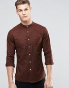 Asos Skinny Oxford Shirt In Brown With Grandad Collar And Long Sleeves - Brown