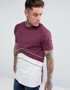 Asos Longline T-shirt With Retro Cut And Sew Panelling In Burgundy - Red