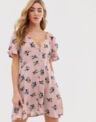 Boohoo Tea Dress With Open Back And Angel Sleeve In Pink Floral - Multi