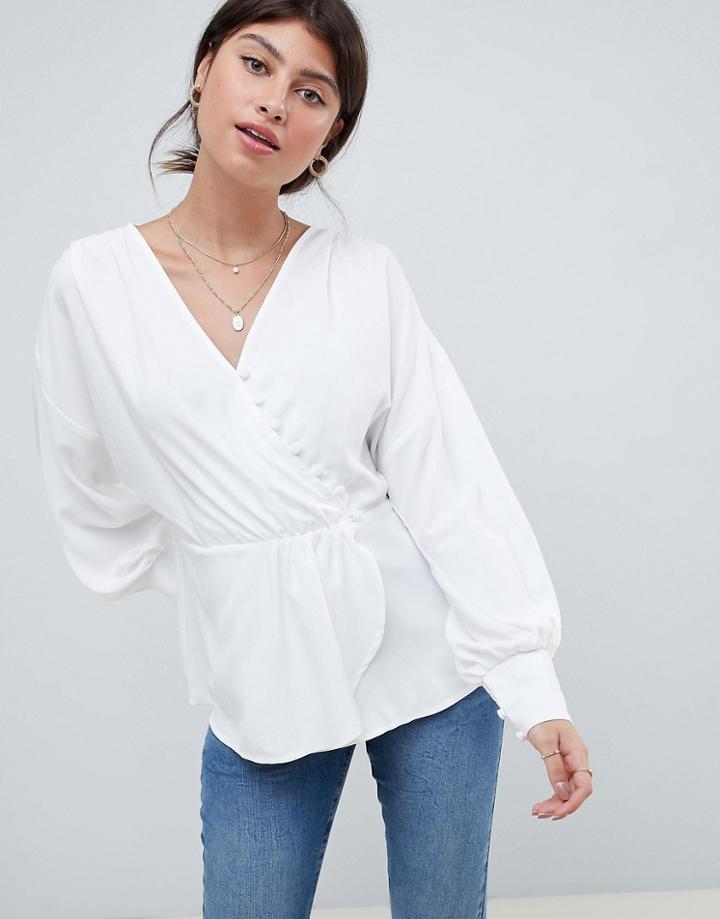 Asos Design Batwing Blouse With Asymmetric Button Detail - White