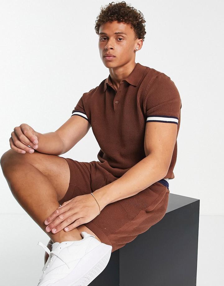 River Island Short Sleeve Textured Tipped Polo Shirt In Brown