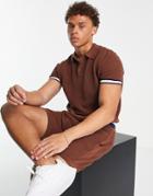 River Island Short Sleeve Textured Tipped Polo Shirt In Brown
