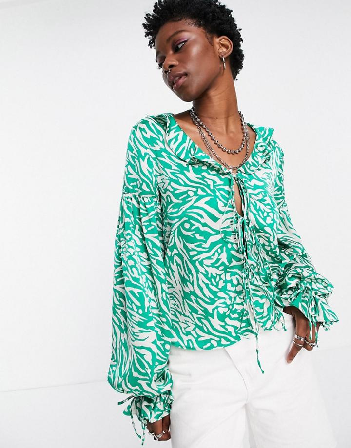 Topshop Frill Animal Print Tie Front Top In Green