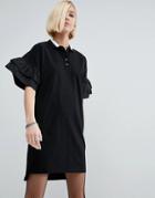 Asos Polo Shirt Dress With Woven Frill Sleeves - Black