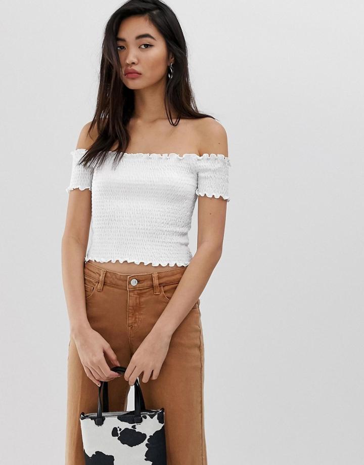 Stradivarius Shirred Off Shoulder Top In White - White