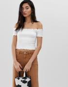 Stradivarius Shirred Off Shoulder Top In White - White