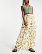 Asos Design Maxi Skirt With Rope Belt In Tan Floral Print-multi