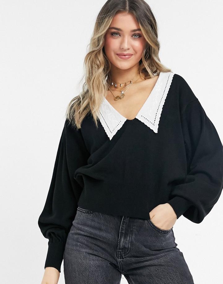 Asos Design Sweater With V Neck And Woven Collar-black