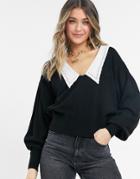 Asos Design Sweater With V Neck And Woven Collar-black