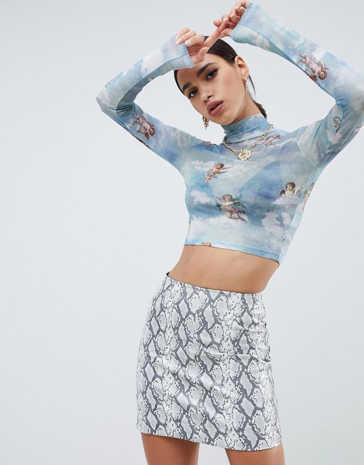 Motel High Neck Mesh Crop Top With Cherub Print - Blue