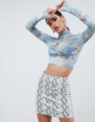 Motel High Neck Mesh Crop Top With Cherub Print - Blue