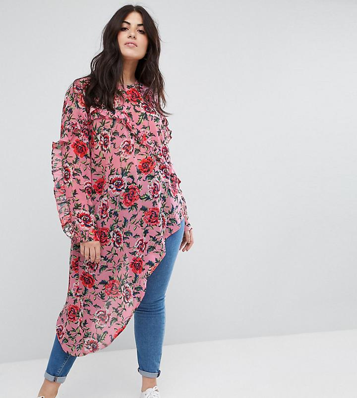 Asos Curve Ultimate Asymmetric Ruffle Blouse In Floral - Multi