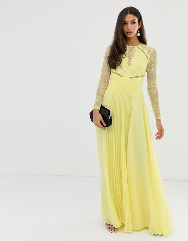 Asos Design Long Sleeve Lace Paneled Pleat Maxi Dress - Blue