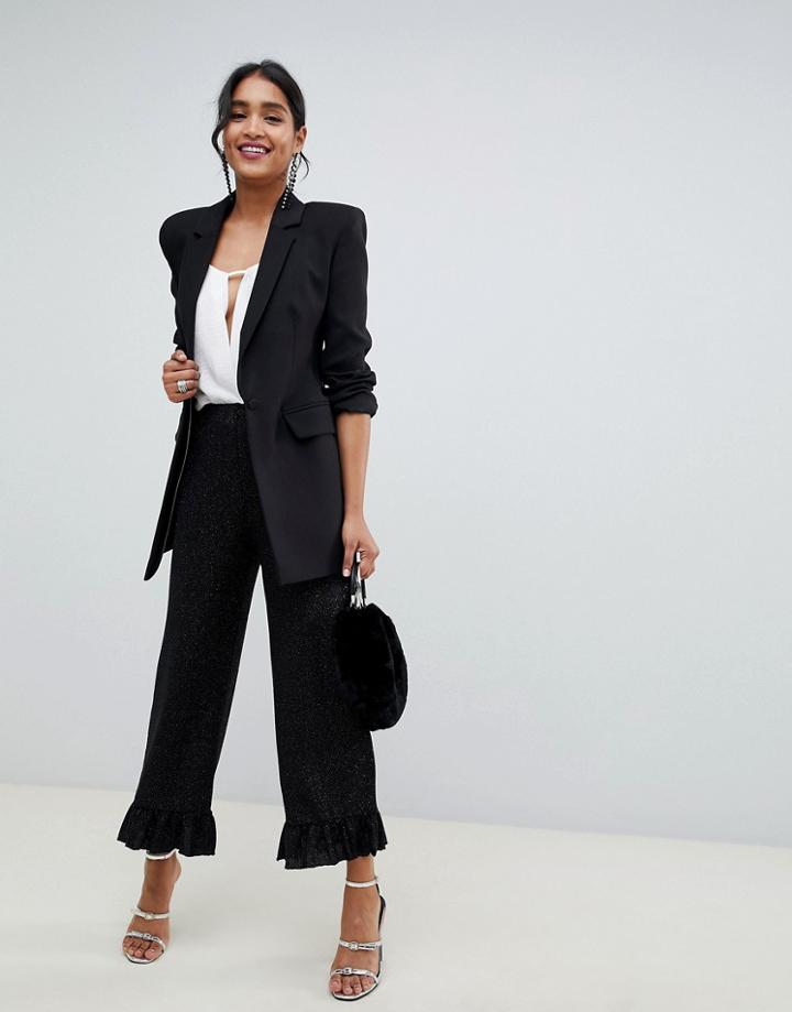 Asos Design Pants With Fluted Ruffle Hem In Glitter - Black
