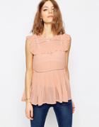 Asos Sleeveless Tiered Ruffle Blouse With Lace Inserts - Blush