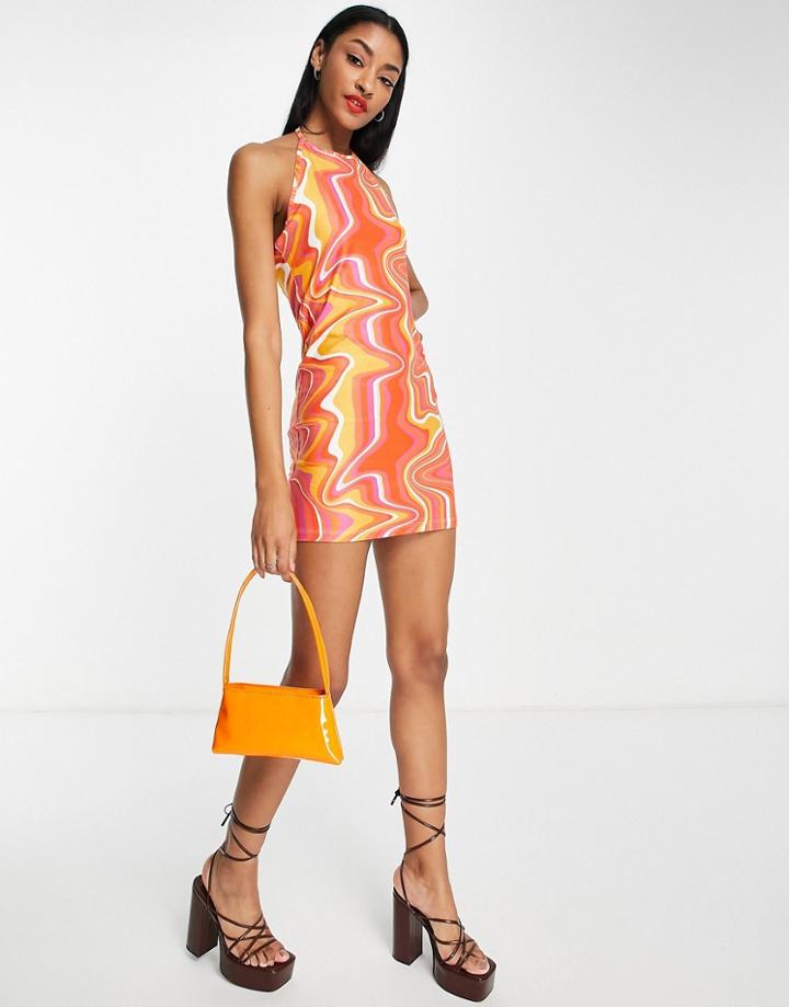 Urban Threads Halterneck Mini Dress In Multi Swirl Print-orange
