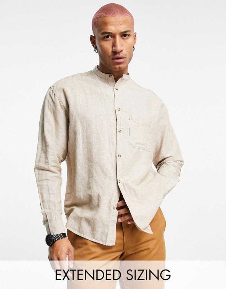 Asos Design 90s Oversized Linen Shirt With Grandad Collar In Stone-neutral