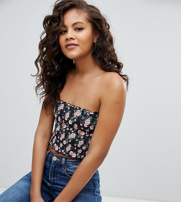 Asos Design Tall Shirred Bandeau Crop Top In Floral Print - Multi