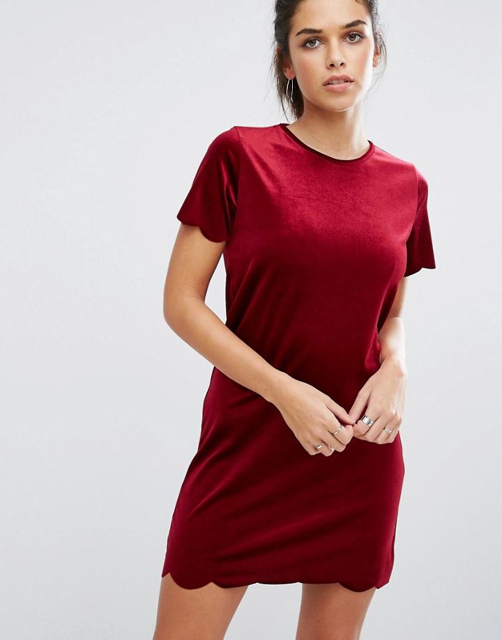 Daisy Street Velvet Scallop Shift Dress - Red