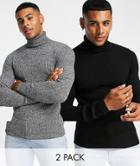 Asos Design 2 Pack Knitted Rib Turtleneck Sweater In Black & Gray Twist Save-multi