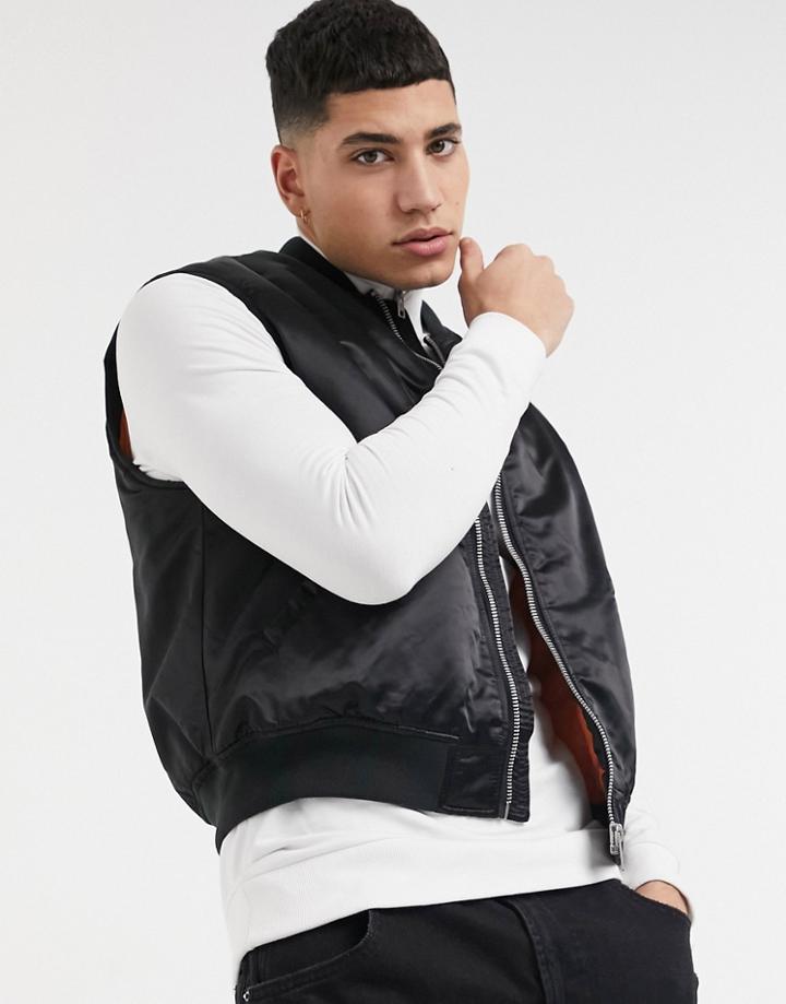 Asos Design Padded Vest In Black With Contrast Orange Lining