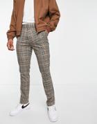 Topman Slim Smart Pants In Brown Plaid