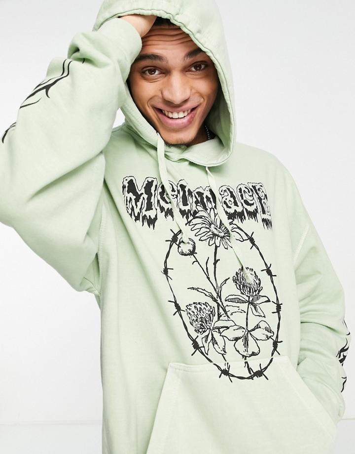 Mennace Hoodie In Light Green With Rose And Thorn Placement Print