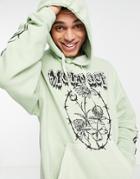 Mennace Hoodie In Light Green With Rose And Thorn Placement Print