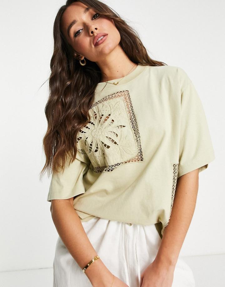 Topshop Oversized Crochet Patchwork Tee In Green