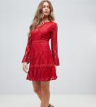 Boohoo Flare Sleeve Lace Dress In Red - Red