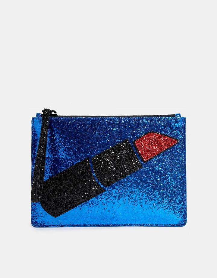 Lulu Guinness Glitter Clutch With Lipstick - Blue