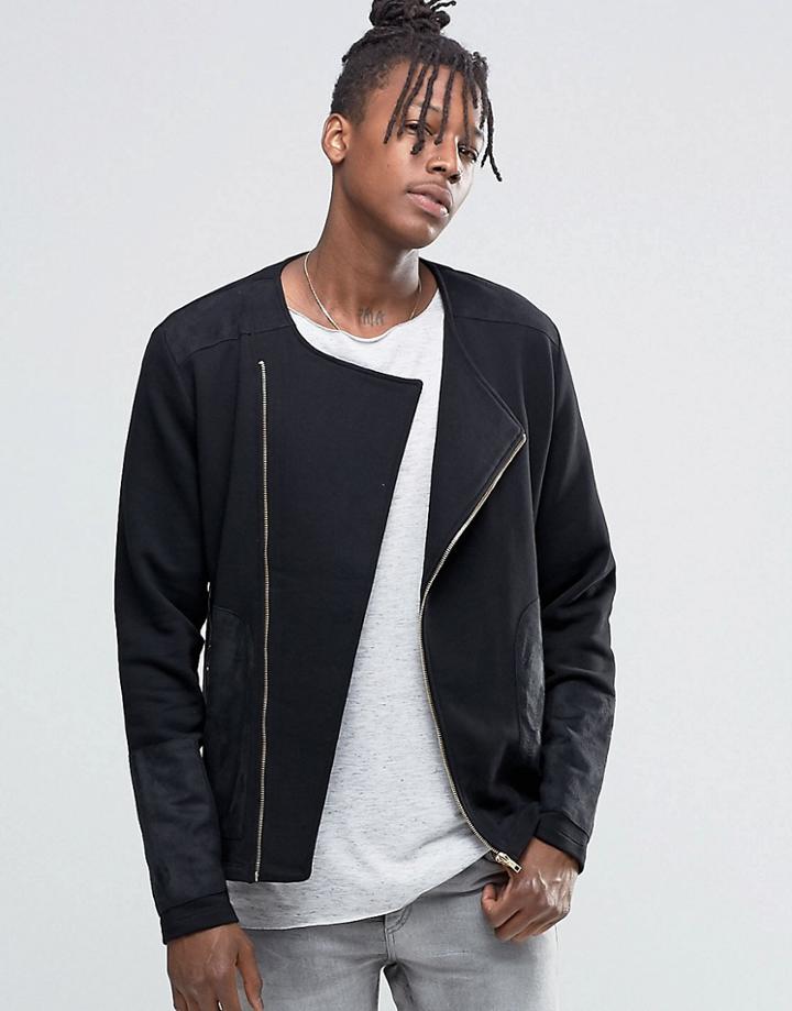 Asos Jersey Biker Jacket With Suedette Panels And Gold Zips - Black