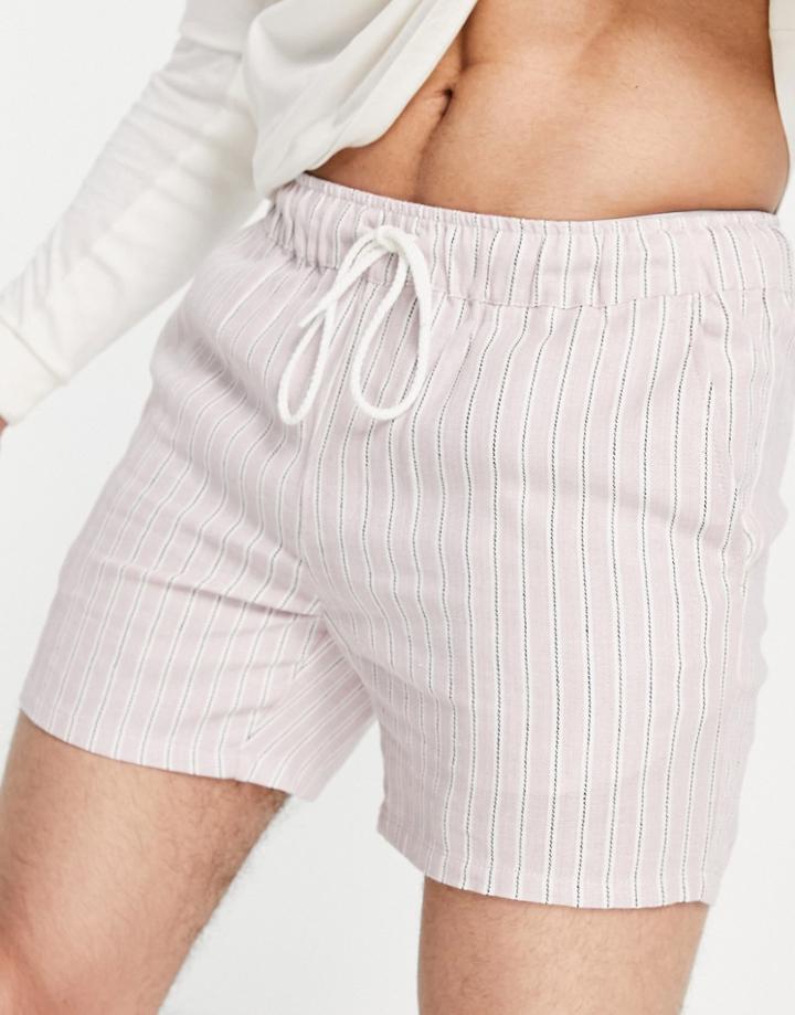Asos Design Slim Shorter Length Shorts In Pink Striped Linen-multi